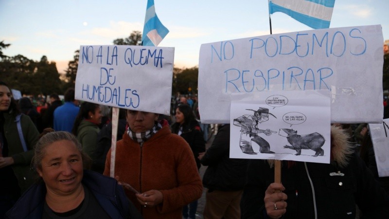 Una multitud en el Monumento se reunió para decir basta a la quema en las islas. 